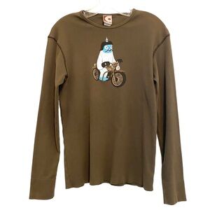 RARE Gama Go Yeti Moto Print Olive Green Men Henley Long Sleeve Shirt USA Small